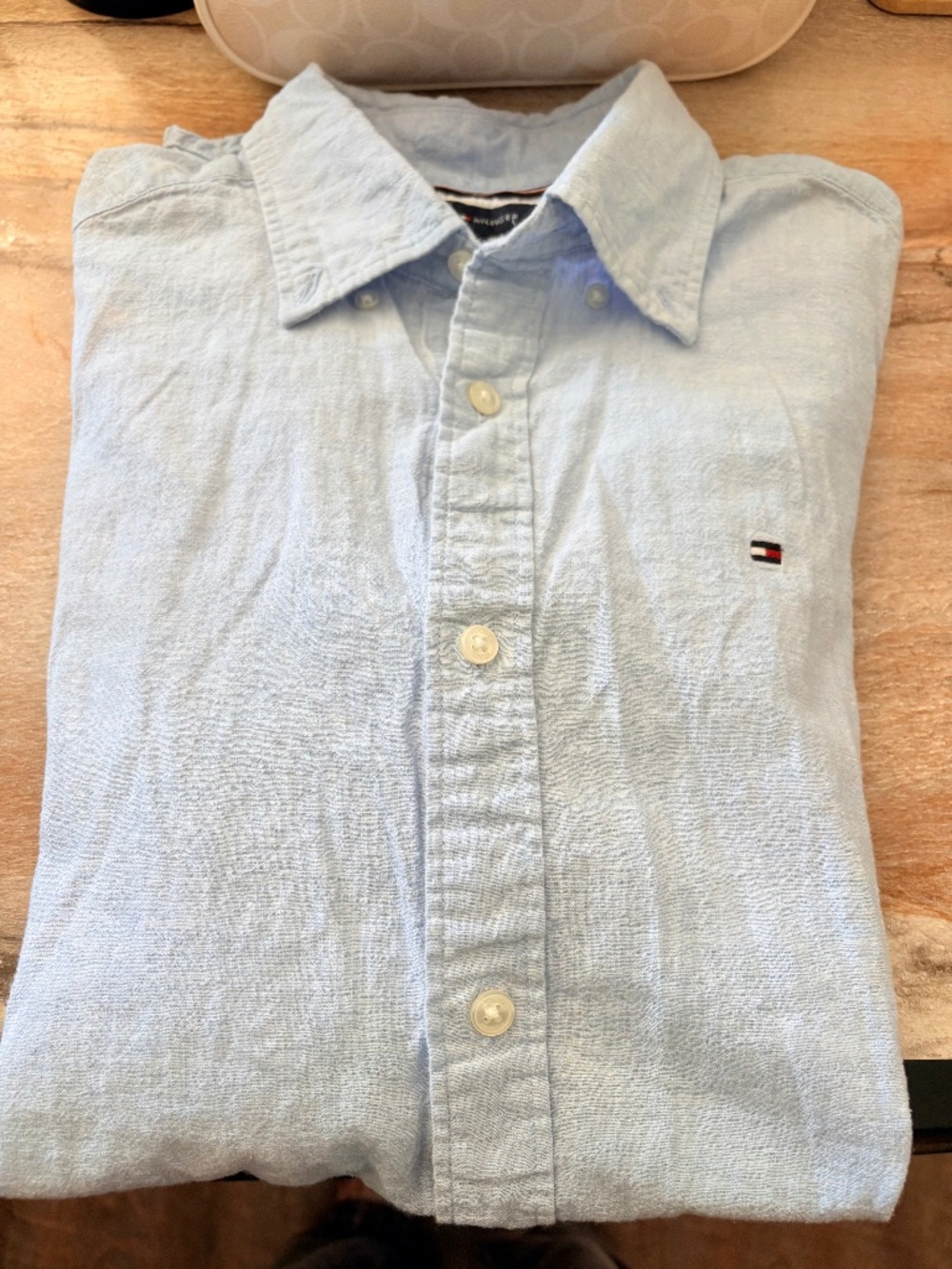 Tommy Hilfiger Light Blue Linen Cotton Blend Short Sleeve Button Down Shirt